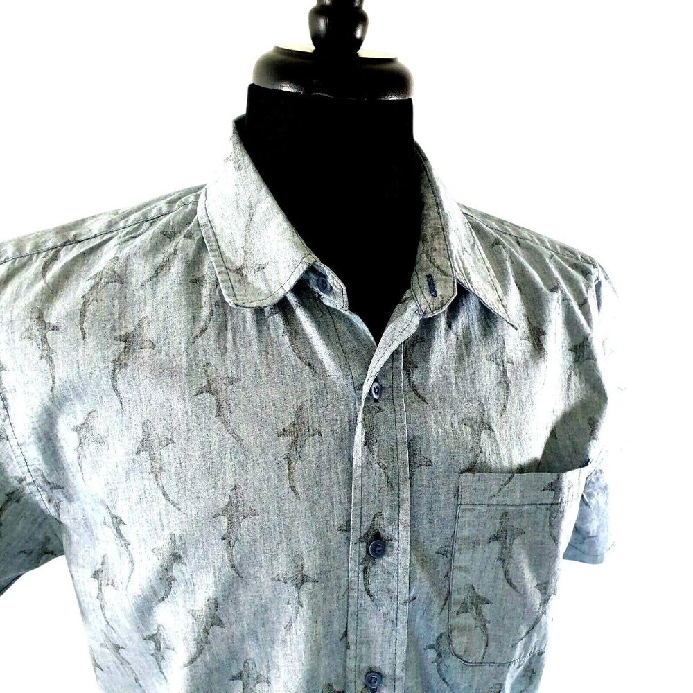 RSQ Collective Mens Medium Short Sleeve Shirt Shark Print Gray Casual Button Up - Picture 3 of 9